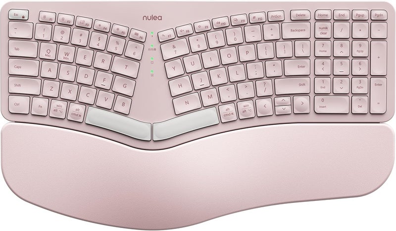 Nulea Wireless Ergonomic Keyboard, Split Keyboard with Cushioned Wrist Rest, Bluetooth and USB Connectivity, USB-C Rechargeable, Compatible with Windows Mac (Grey Pink) - Image 1